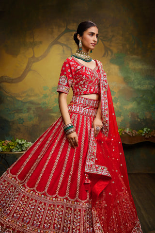 Red Pure Silk Moti & Zarkan heavy embroidery Bridal Lehenga