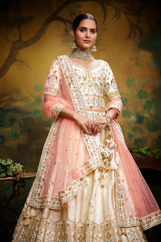 Off White Pure Silk Moti & Zarkan heavy embroidery Bridal Lehenga