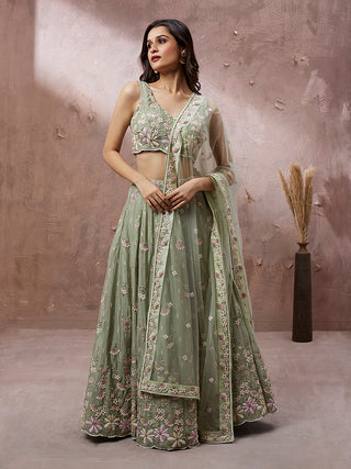 Lime Green Pure Georgette Sequins with heavy Zarkan embroidery Lehenga