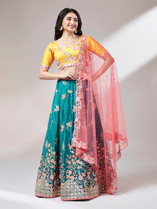 Teal Pure Georgette Sequinse Work Lehenga