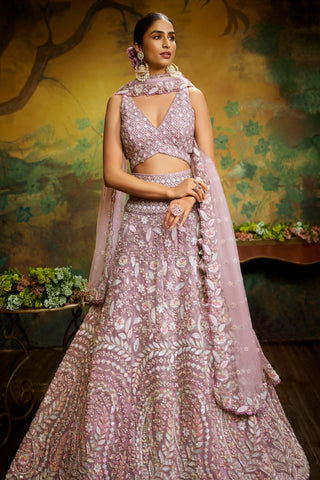 Mauve Net Multi Sequins with heavy Zarkan embroidery Bridal Lehenga