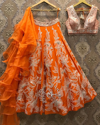 Elegant Orange Lehenga with pearls, sequins lace work