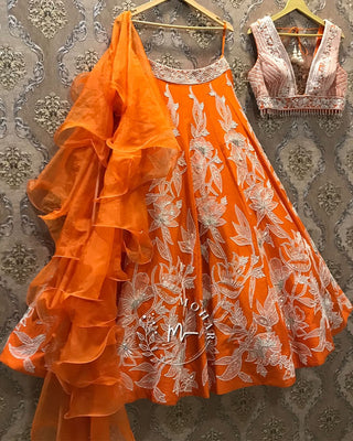 Elegant Orange Lehenga with pearls, sequins lace work