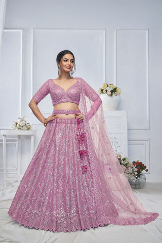 Alluring Purple Sequins Net Bridesmaid Lehenga Choli With Dupatta