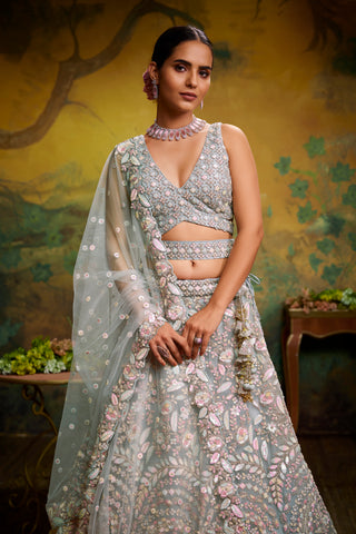 Sea green Net Multi Sequins with heavy Zarkan embroidery Bridal Lehenga choli & Dupatta