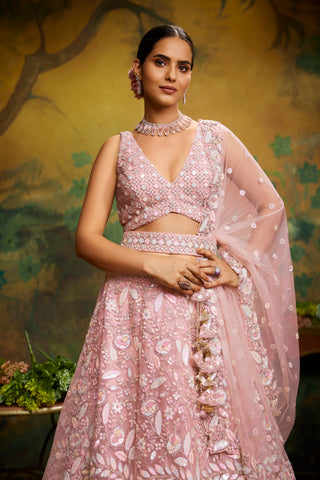 Pink Net Multi Sequins with heavy Zarkan embroidery Bridal Lehenga