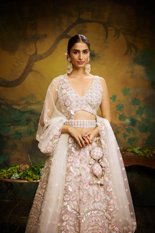 Cream Net Multi Sequins with heavy Zarkan embroidery Bridal Lehenga