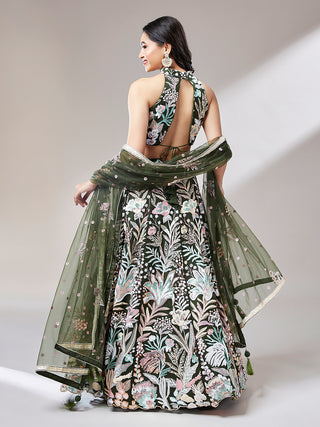 Olive Net Sequinse Work Lehenga