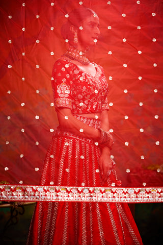 Red Pure Silk Moti & Zarkan heavy embroidery Bridal Lehenga