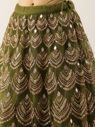 Women Olive Net Embroidered Mirror Lehenga