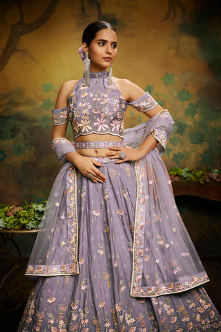 Mauve Pure Georgette Sequins with heavy Zarkan embroidery Bridal Lehenga