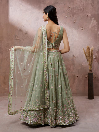 Lime Green Pure Georgette Sequins with heavy Zarkan embroidery Lehenga
