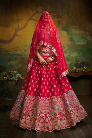 Red Pure Silk Moti & Zarkan heavy embroidery Bridal Lehenga