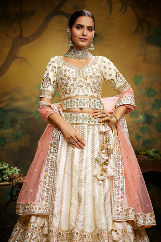 Off White Pure Silk Moti & Zarkan heavy embroidery Bridal Lehenga