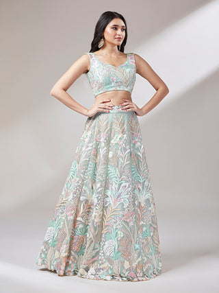 Lime Green Net Sequinse Work Lehenga