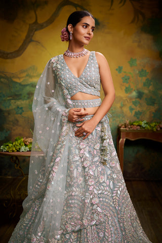 Sea green Net Multi Sequins with heavy Zarkan embroidery Bridal Lehenga choli & Dupatta