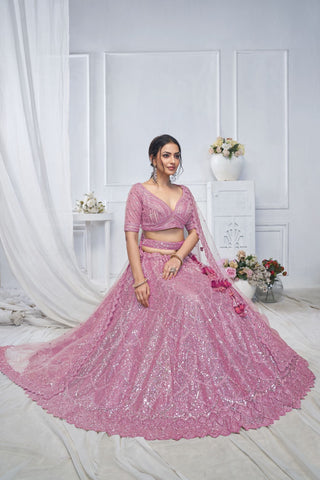 Alluring Purple Sequins Net Bridesmaid Lehenga Choli With Dupatta