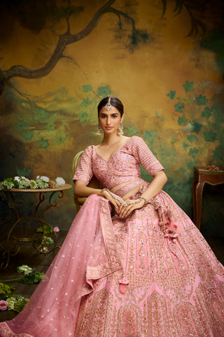 Coral Pure Silk Moti & Zarkan heavy embroidery Bridal Lehenga