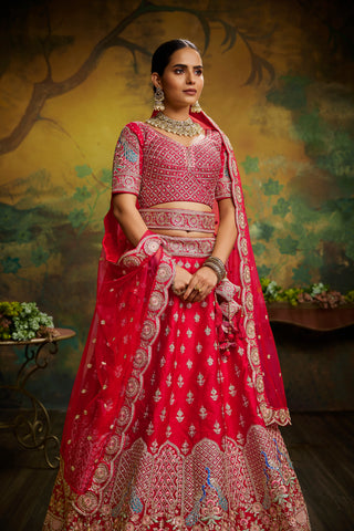 Red Pure Silk Moti & Zarkan heavy embroidery Bridal Lehenga