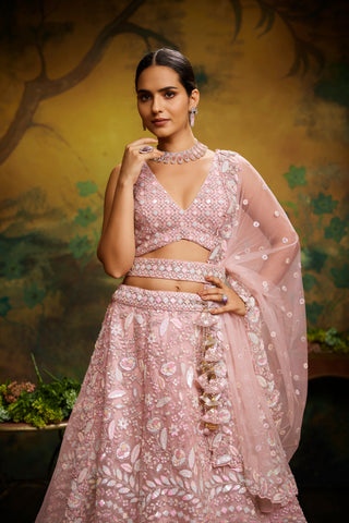 Pink Net Multi Sequins with heavy Zarkan embroidery Bridal Lehenga