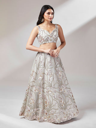 Grey Net heavy Sequinse embroidery Lehenga choli & Dupatta