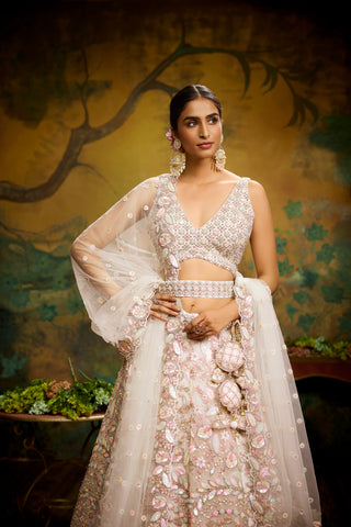 Cream Net Multi Sequins with heavy Zarkan embroidery Bridal Lehenga