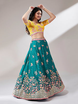 Teal Pure Georgette Sequinse Work Lehenga