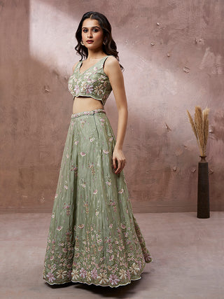 Lime Green Pure Georgette Sequins with heavy Zarkan embroidery Lehenga