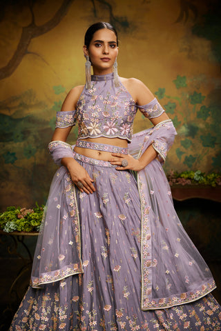 Mauve Pure Georgette Sequins with heavy Zarkan embroidery Bridal Lehenga