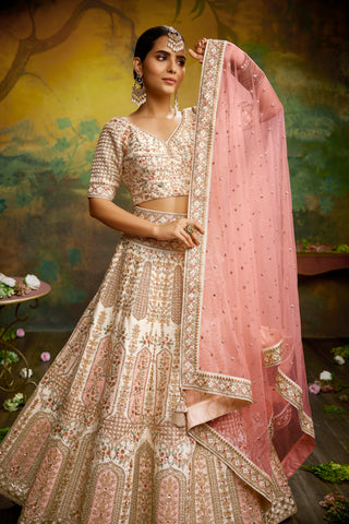 Off White Pure Silk Moti & Zarkan heavy embroidery Bridal Lehenga