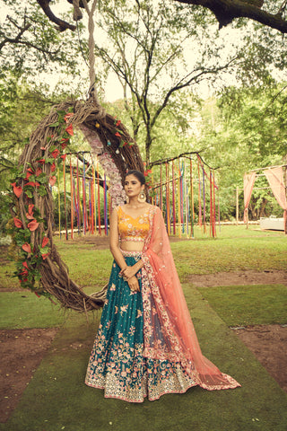 Teal Pure Georgette Sequinse Work Lehenga