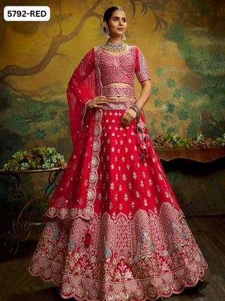 Red Pure Silk Moti & Zarkan heavy embroidery Bridal Lehenga