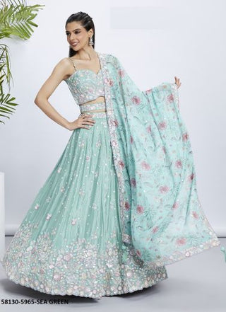 Sea Green Silk Chiffon Handworked Wedding-Wear Bridal Lehenga Choli