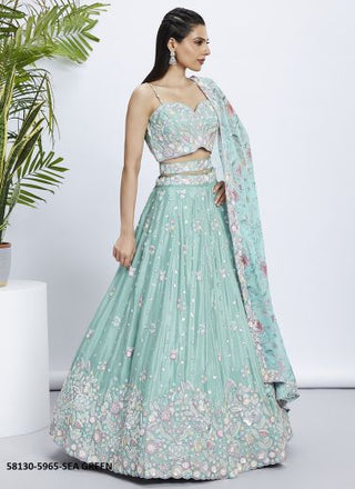 Sea Green Silk Chiffon Handworked Wedding-Wear Bridal Lehenga Choli