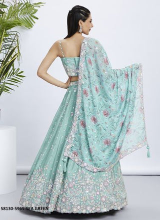 Sea Green Silk Chiffon Handworked Wedding-Wear Bridal Lehenga Choli