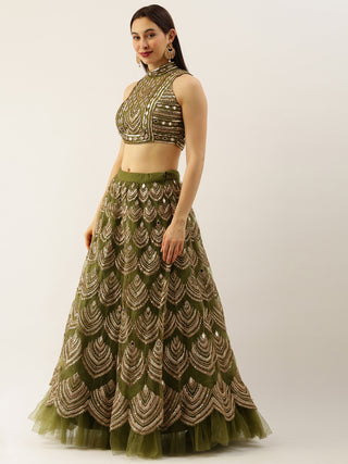 Women Olive Net Embroidered Mirror Lehenga