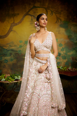 Cream Net Multi Sequins with heavy Zarkan embroidery Bridal Lehenga