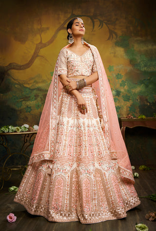 Off White Pure Silk Moti & Zarkan heavy embroidery Bridal Lehenga