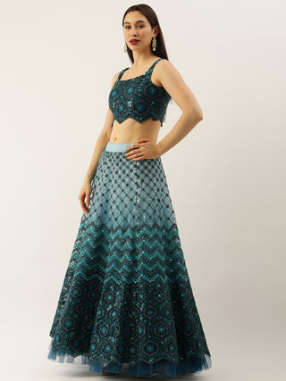 Women Teal Net Embroidered Sequins Lehenga