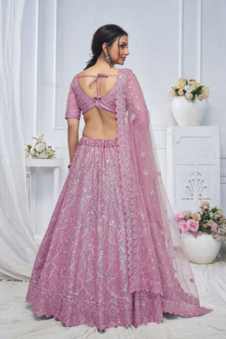Alluring Purple Sequins Net Bridesmaid Lehenga Choli With Dupatta