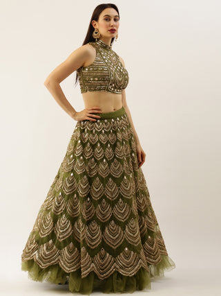 Women Olive Net Embroidered Mirror Lehenga