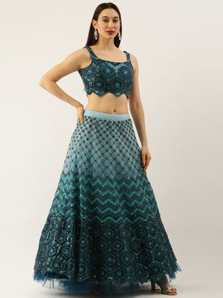 Women Teal Net Embroidered Sequins Lehenga