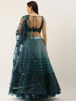 Women Teal Net Embroidered Sequins Lehenga