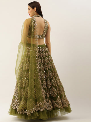 Women Olive Net Embroidered Mirror Lehenga