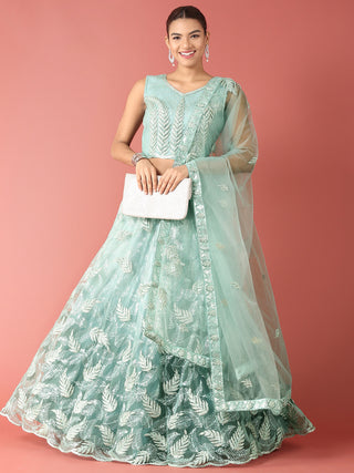 Turquoise Blue Net Sequinse Work Lehenga