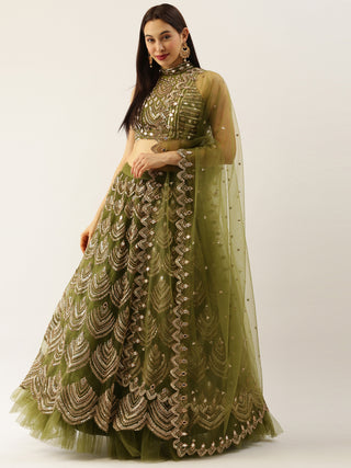 Women Olive Net Embroidered Mirror Lehenga