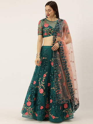 Teal Net Coding, Sequins and Saroski Stone Work Lehenga Choli