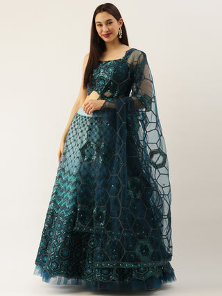 Women Teal Net Embroidered Sequins Lehenga