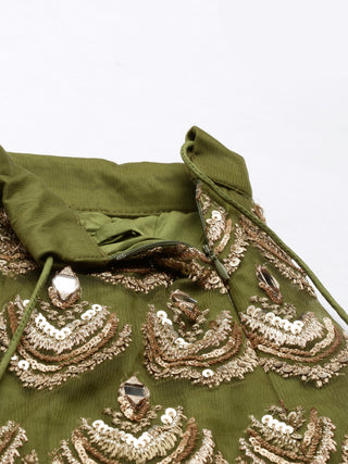 Women Olive Net Embroidered Mirror Lehenga