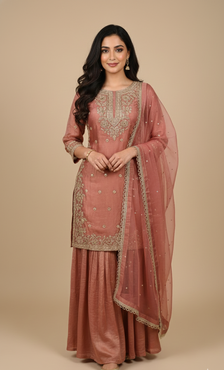 Gajree Pink Embroidered Sharara Suit